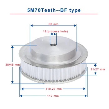 

Timing Pulley 5M70 Teeth BF type teeth pitch 5 mm process hole diameter 12 mm slot width 21/27mm for 20/25 mm timing belt