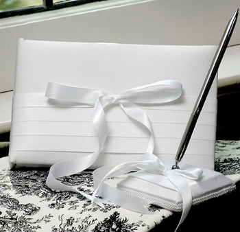 

Pure White Color Bow Sash Guestbook & Pen Set