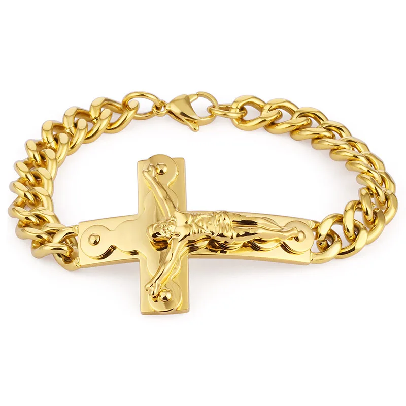 Очаровательные мужские браслеты с крестом Иисуса из нержавеющей стали, мужские золотые серебряные кубинские браслеты с цепочкой, ювелирные изделия pulseira masculina - Окраска металла: A-Gold