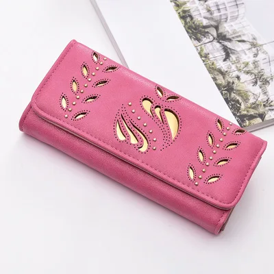 Rose Red Женский кошелек из искусственной кожи, Женский Длинный кошелек, Золотое полое портмоне с узором из листьев, Сумочка для женщин, кошелек для монет, держатель для карт, клатч - Цвет: Rose Red