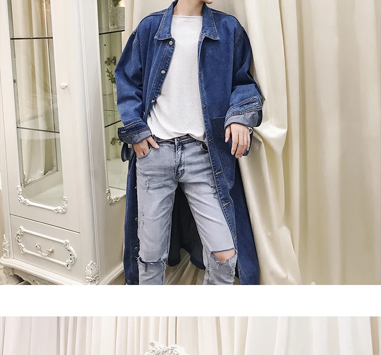 Men Long Casual Denim Trench Coat Streetwear Hip Hop Fashion Loose Cowboy Cardigan Jacket Male Jean Windbreaker Overcoat