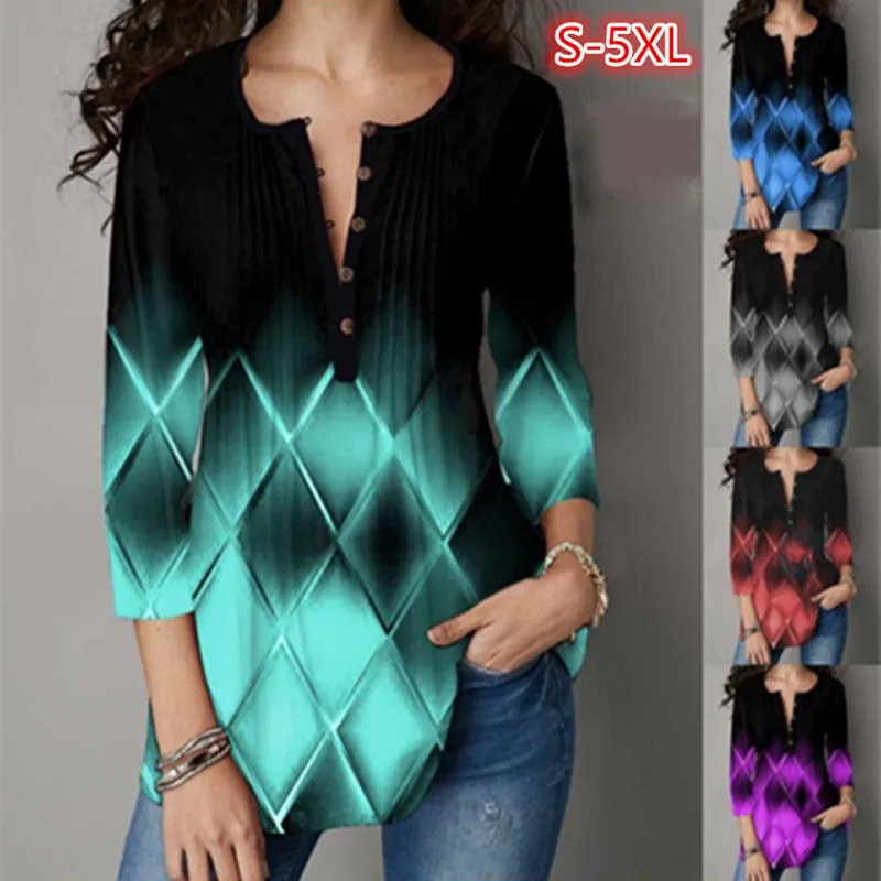 Summer Women Shirts O-Neck Printed Mesh Gradient Tops Casual Ladies Button Clothing Soft Plus Size Loose Mid-Sleeve T-Shirt