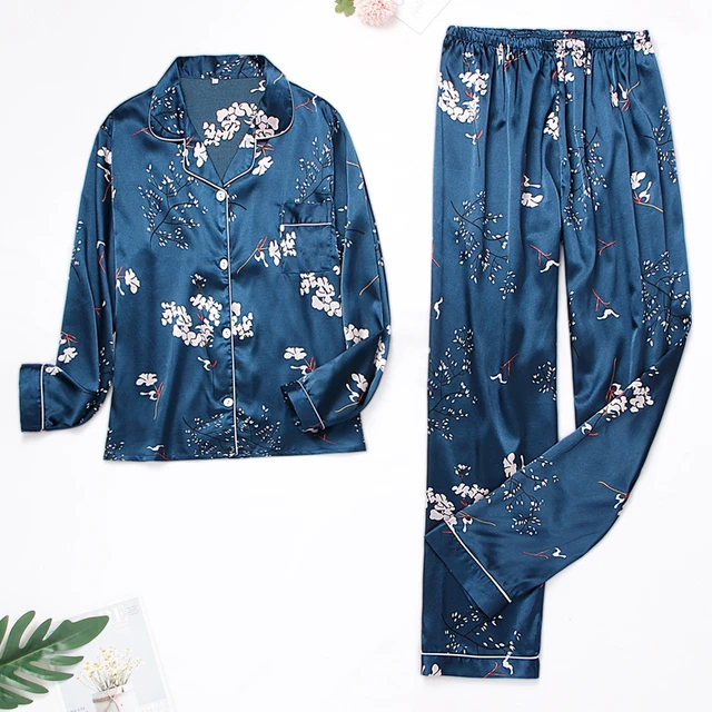 Women's Suit Silk Satin Pajamas Set Long Sleeve Trouser Suits Button-Down Sleepwear Loungewear Shorts Female Pyjamas Mujer 2