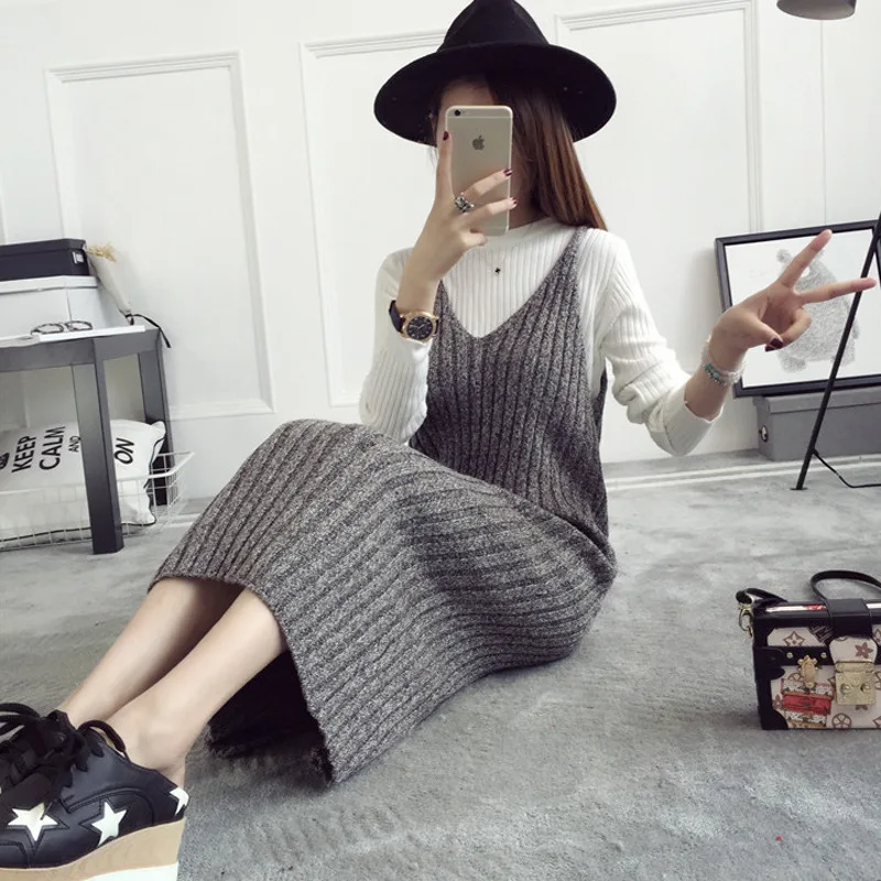 

Mooirue Autumn Winter Kintting Long Dress Women Sleeveless V Neck Solid Straight Vestidos Vintage Casual Streetwear Maxi Dress