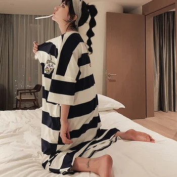 

Women Casual Home Wear Short-sleeved Nightdress Striped Loose Pajamas Three-color Large Size Nightdress New Arrivals