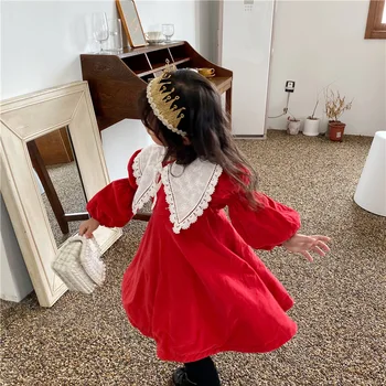 

2020 Winter Girls Large Lapel Plus Velvet Princess Dresses Children Baby Long Puff Sleeve Corduroy Lantern Sleeve Thicken Dress