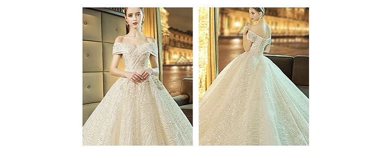 2021 Shiny Wedding Dresses Boat Neck Luxury Sweetheart Neck Beading Sequins Off the Shoulder Princess Corset Bride Gown Gorgeous