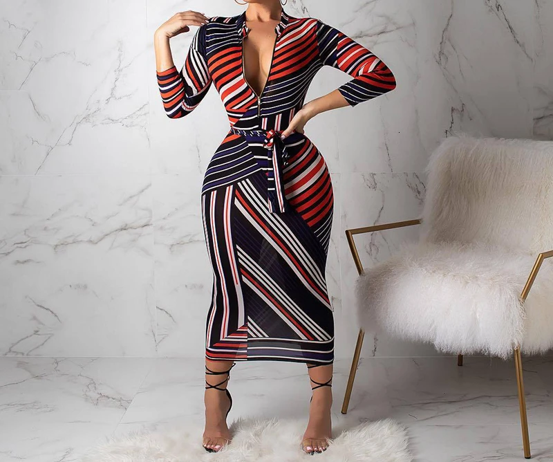 Geometric Striped Pencil Dress Women Robe Sexy Zipper Up Bodycon Midi Dresses Autumn Long Sleeve Skinny Vintage Vestidos