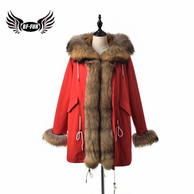 

BFFUR 2019 Thick Raccoon Fur Collar Female Parka Real Fur Coat Women Winter Red Jacket Drawstring Park With Natrual Fur