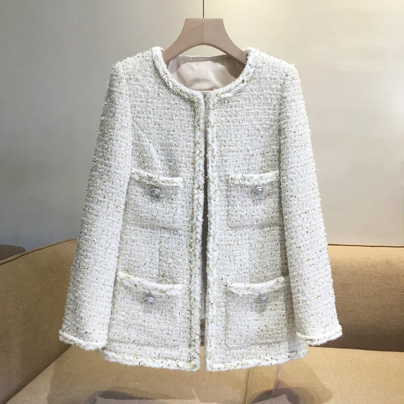 

New coat with temperament small fragrance golden silk wool tweed jacket classic cardigan