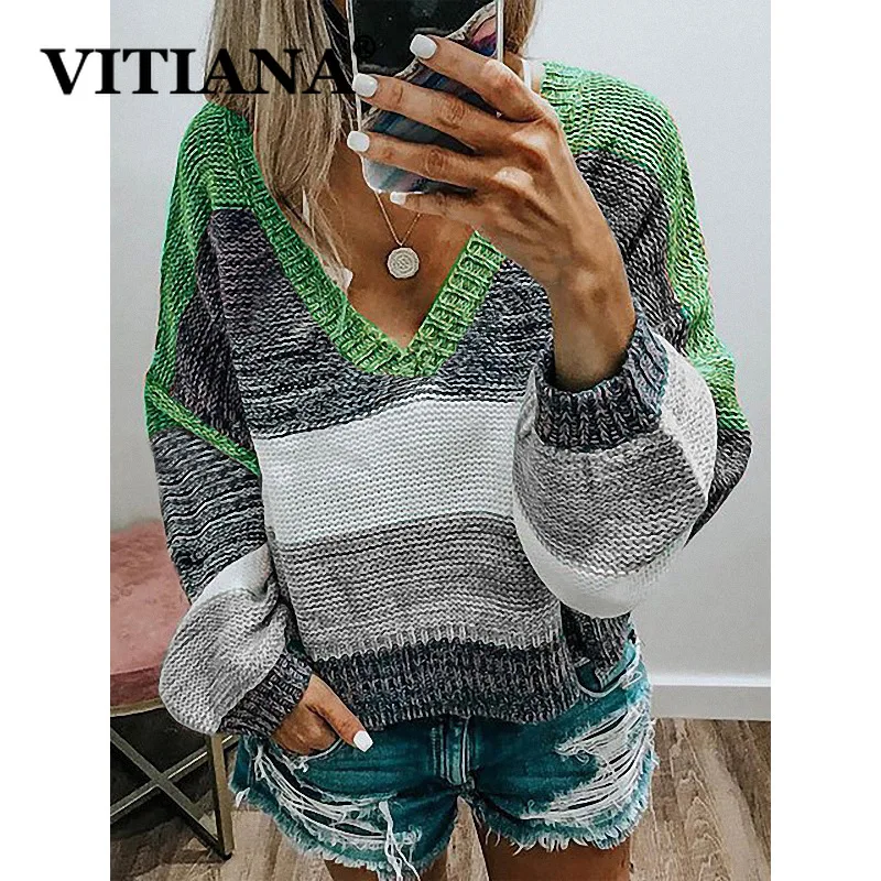 VITIANA, повседневный вязаный женский свитер, осень, женский полосатый Свободный пуловер с длинным рукавом, вязаные свитера, женская зимняя одежда
