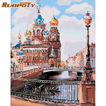 

RUOPOTY 40x50cm Framed Oil Painting By Numbers Castle Beside Bridge Landscape Picture HandPainted Diy Gift Home Decor Wall Arts