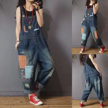 

Lady Retro Ethnic Style Jumpsuit Women Summer 2020 Loose Ripped Rompers Womens Personality Patchwork Jumpsuit