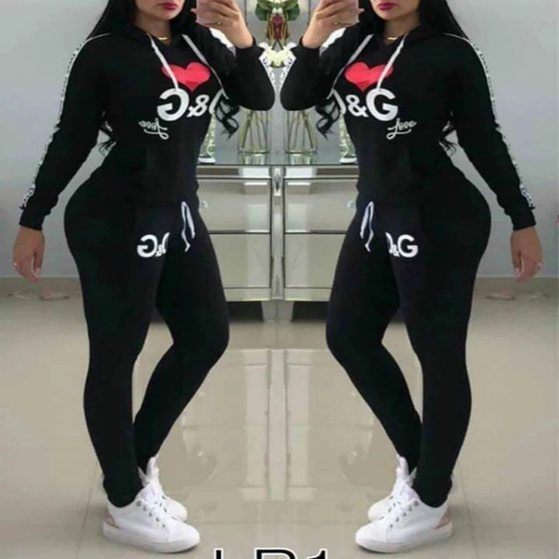 Conjunto de 2 piezas para mujer, chándal femenino con capucha, pantalones de sudadera estampada, trajes de dos piezas para otoño e invierno 2020