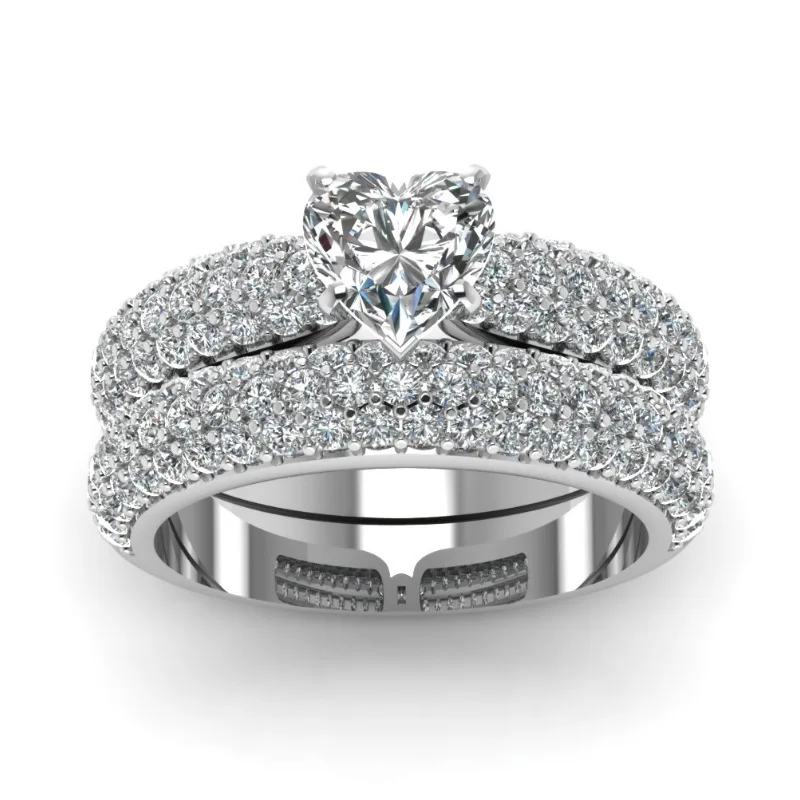 

Milangirl Exquisite Ring Set 2pcs/set Romantic Heart White Zircon Ring For Women Accessories Jewelry