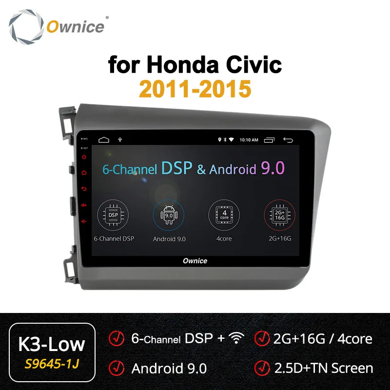 Ownice K1 K2 K3 Android 9,0 восемь Восьмиядерный для HONDA CIVIC 2011 2012 2013 автомобильный проигрыватель с радио и GPS 2G+ 32G поддержка 4G dvd DAB - Цвет: S9645-1 K3-Low