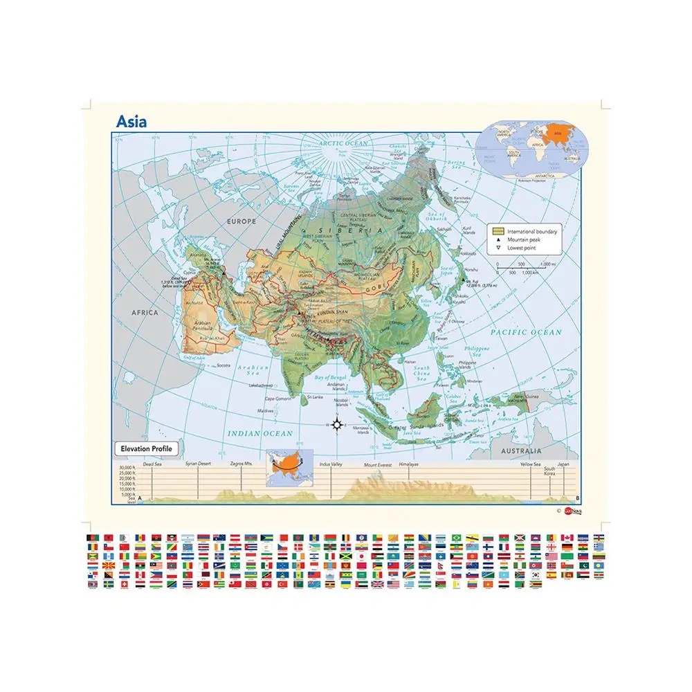 

Elevation Profile Asia Map 90x90cm Non-woven Vinyl Inkjet Map With Flag For Education