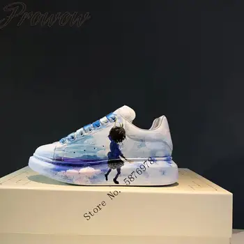 

Prowow Designer Genuine Graffti Round Toe Lace Up Casual Shoes Luxury Branded Vacation Flats Shoes Women