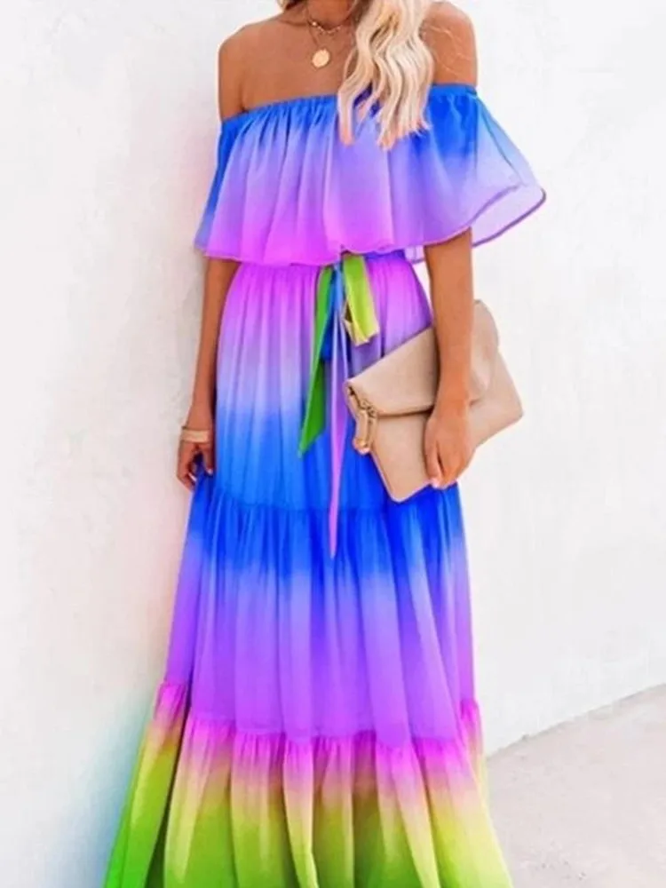Boho Floral Print Wrapped Breast Gradient Color Women Long Beach Dress Frill Belt Lace Up Beach Cover Up Summer Vacation Dress