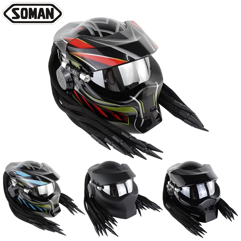 

Soman Helmets Predator Black Full Face Helmet with Braid Helmets Cool Style Casco Moto Flip Up Kask Motorcycle Helmet Predator