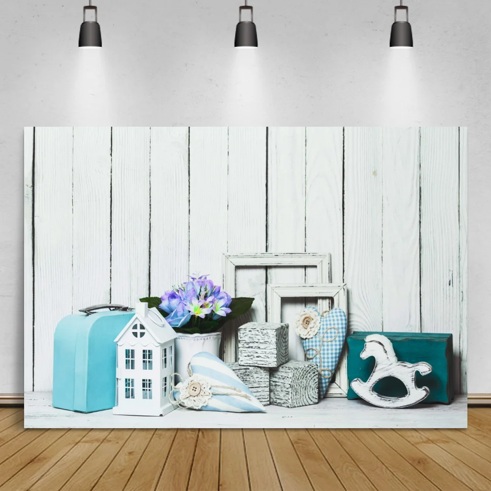 

Laeacco White Wooden Boards Child Birthday Baby Shower Photocall Poster Toys Portrait Photographic Background Photo Backdrops