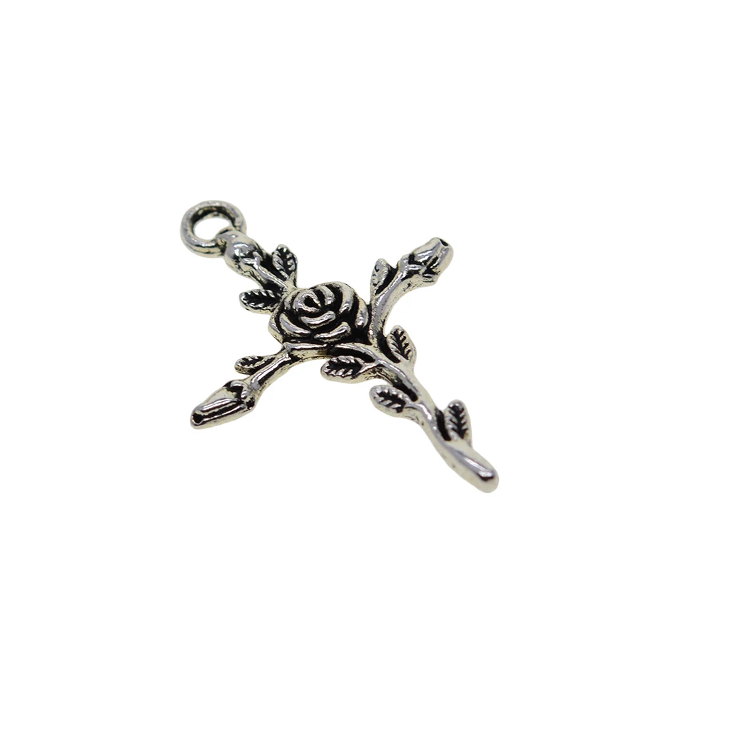 50Pcs Tibetan silver color Rose Floral Charm Cross Faith Pendant Bead for Jewelry Making Bracelet Necklace Crafts