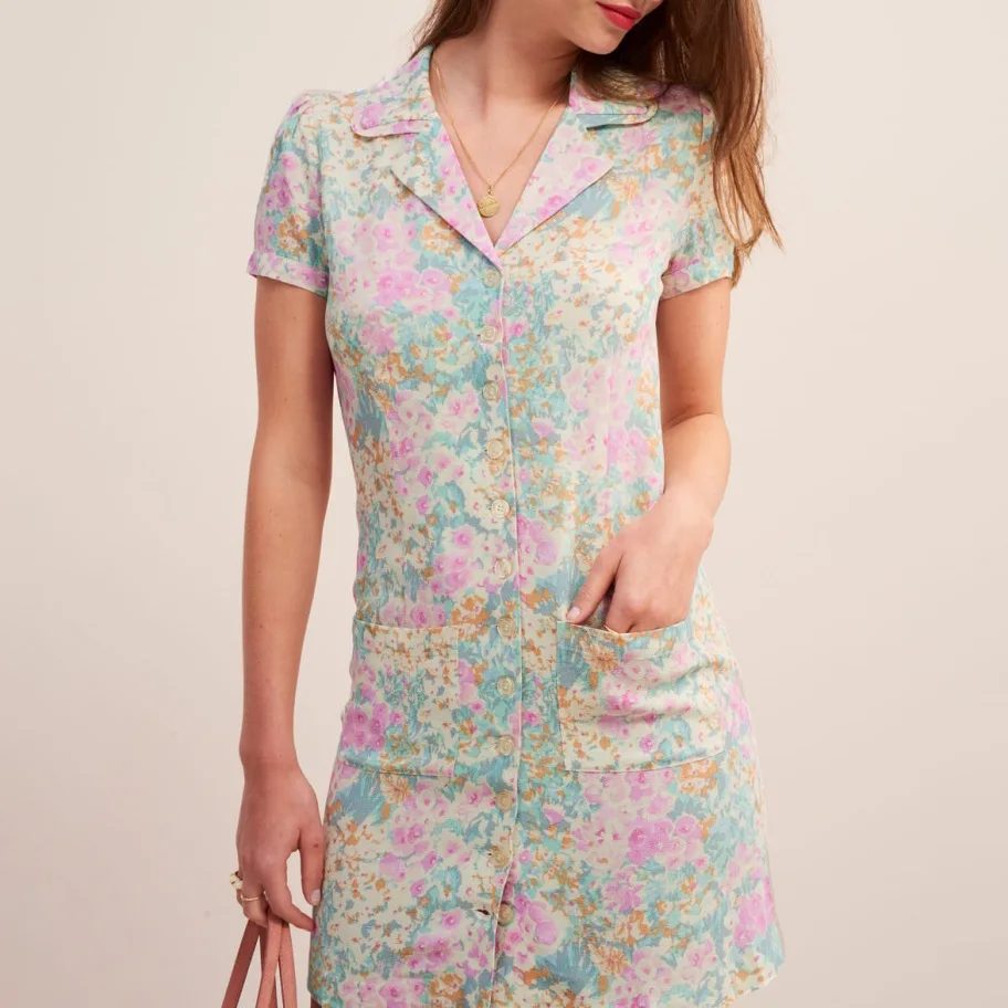 

France 2020 Summer Light Color Color Lapel Pocket French Vacation Women's Wear Dress 190458