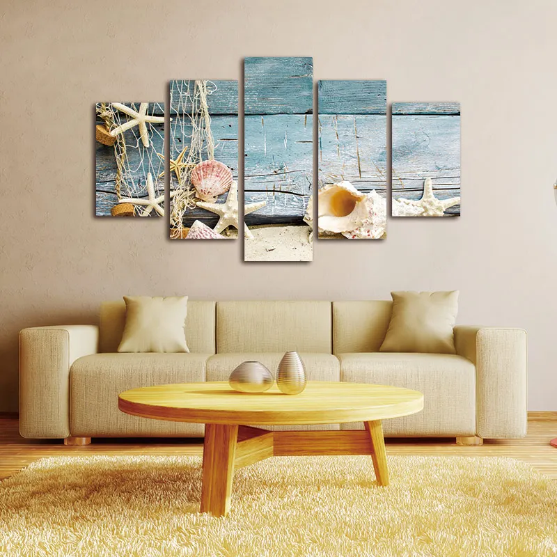 5 панелей без рамки офисное произведение искусства настенный расписной холст ракушки и Морская звезда Пляж стены Искусство Картины для декора гостиной