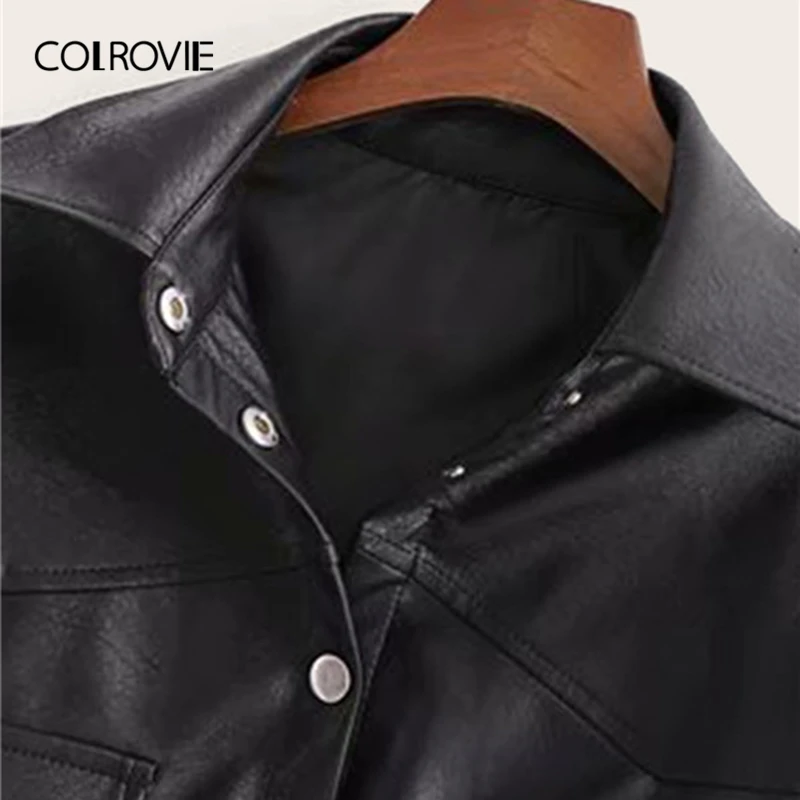 price reduction  COLROVIE Black PU Button Front Flap Pocket Belted Jacket Women 2019 Autumn Streetwear Jackets Solid