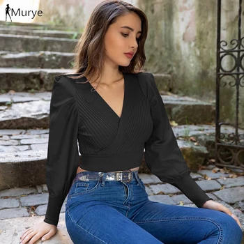 

Autumn Tops & Tees Women V-neck Tshirt Long Sleeve Vintage Pleated White T Shirt Nct Crop Top Sexy Female Elegant Women Clothing