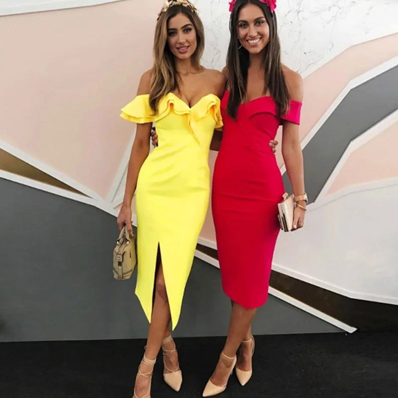 

Womens Strappy Bardot Dress Sexy Off Shoulder Bodycon Elegant Lady Party Deep V Plunge Midi Dresses Yellow White Clubwear