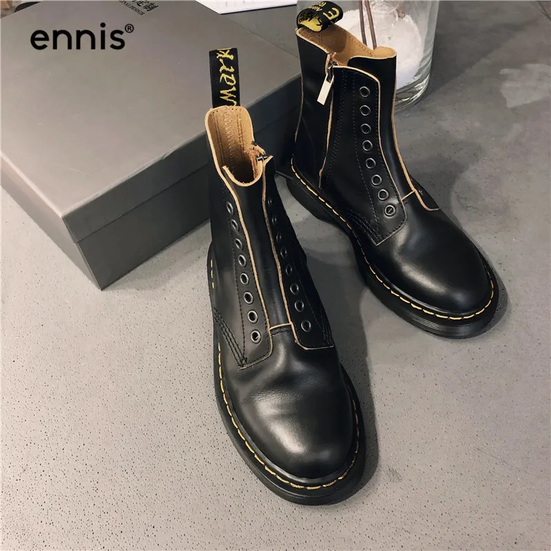 ENNIS/брендовые зимние ботинки; женские ботинки из натуральной кожи на молнии; ботильоны на плоской платформе с круглым носком; сезон осень; Цвет черный, красный; Новинка; A9378