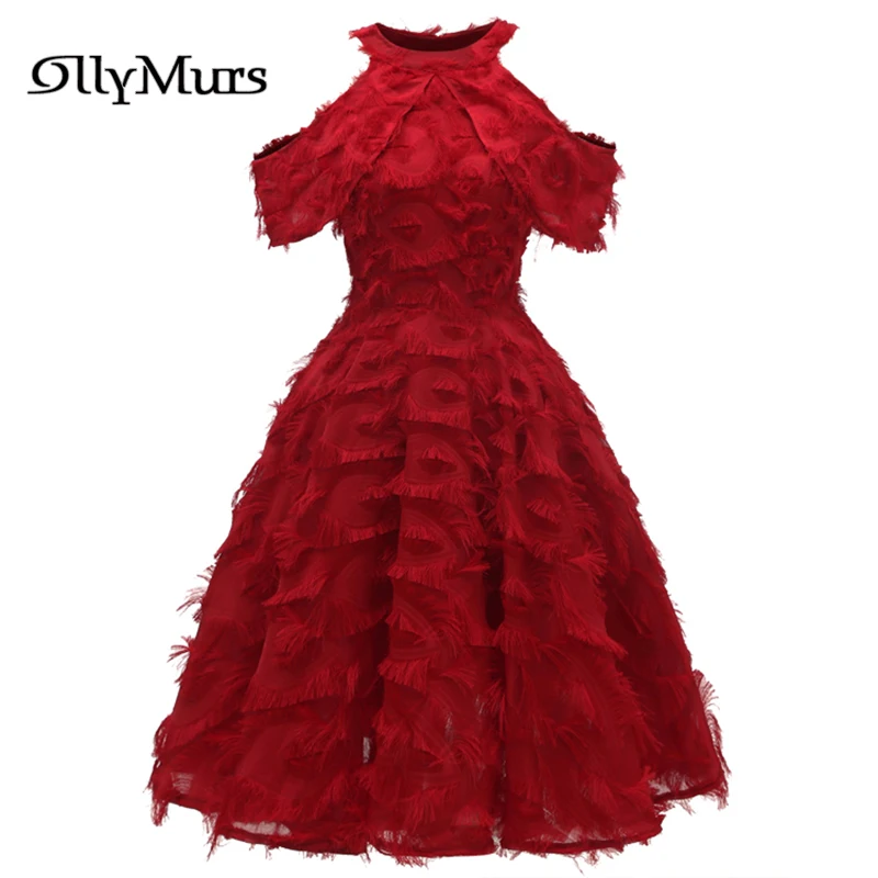 

Feathers Tassel Women Party Dress LR907 Halter Short Sleeve Vestidos De Fiesta 2020 A-Line Knee-Length Elegant Prom Dresses