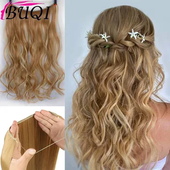 

Buqi 24" No Clips Hair Extensions With Invisible Wire Secret Fish Line Hairpieces Synthetic Straight Wavy False Hair