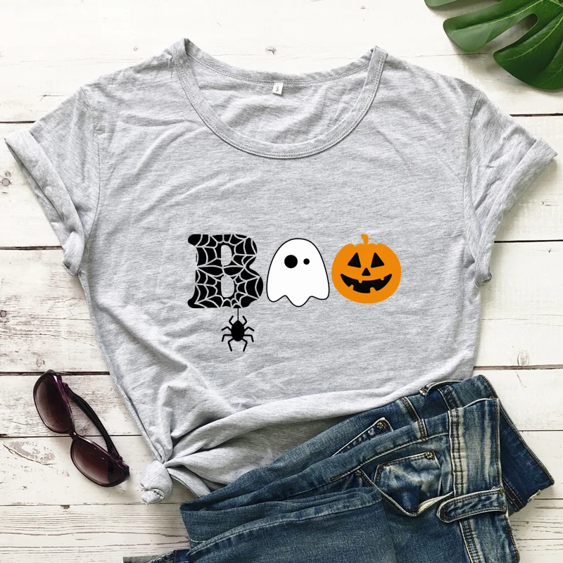 

Colored BOO Pumpkin Ghost T-shirt Spooky Autumn Halloween Party Gift Tshirt Funny Women Graphic Holiday Tee Shirt Top