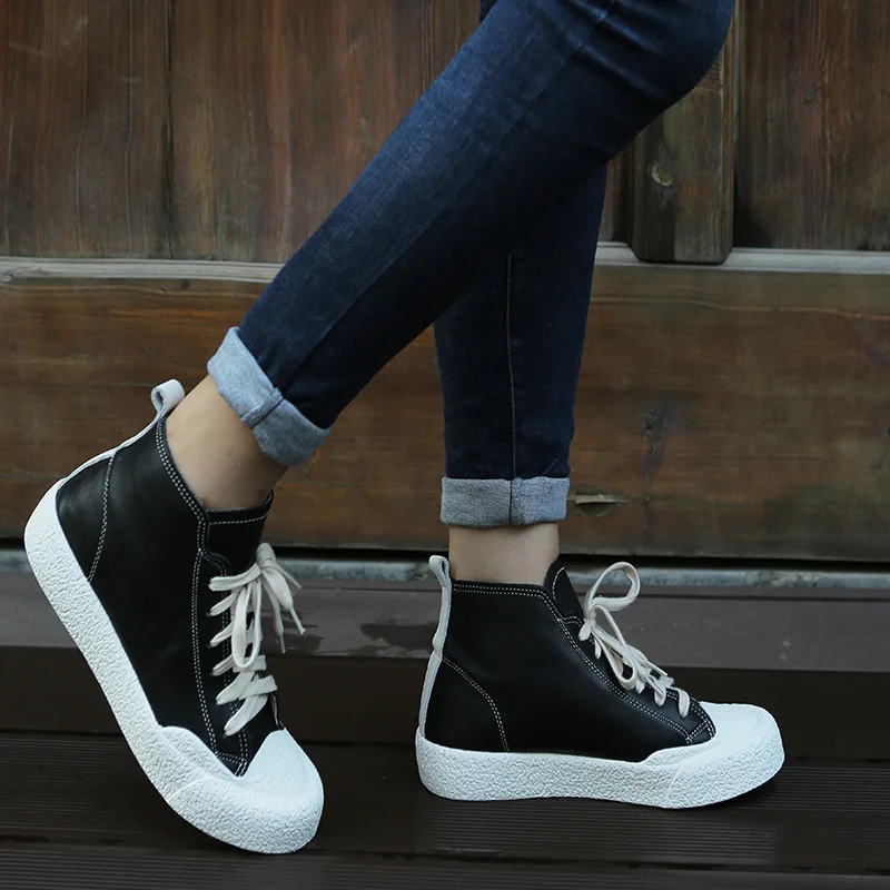 Careaymade-High top Genuine leather short boots Korean small white shoes lace up comfortable women's shoes cowhide single boots