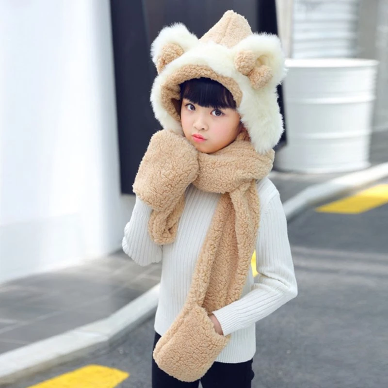 

Toddler 3 In 1 Warm Plush Winter Hat Cute Bowknot Bear Ears Kids Scarf Mitten Gloves with Pockets Earflap Hoodie Cap
