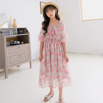 

2020 Girls Summer New Dress Korean Style Princess Dress Floral Chiffon Summer Holiday Dress Beach girls christmas dress