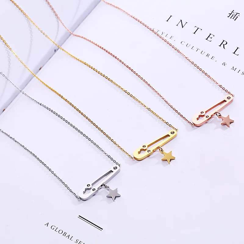 Tanie Cashou30 tytanu stali nierdzewnej pięcioramienna gwiazda pin wisiorek kobiet wzrosła złoty łańcuszek do obojczyka naszyjnik
