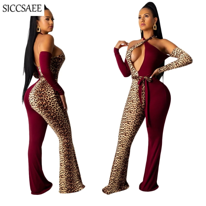 

Leopard Printed Patchwork Halter Jumpsuits And Rompers For Women Sexy Backless Overalls Off Shoulder Bell Bottom Pants Cut Out