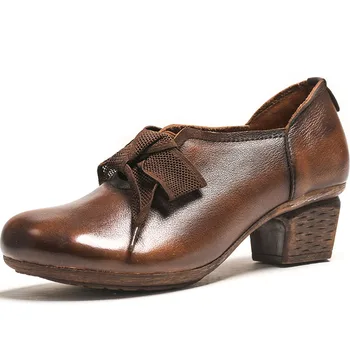 

YourSeason Female Platform Heels Retro Pumps 2020 New Spring Autumn Genuine Leather Round Toe Women Casual Shallow Shoes Lace Up