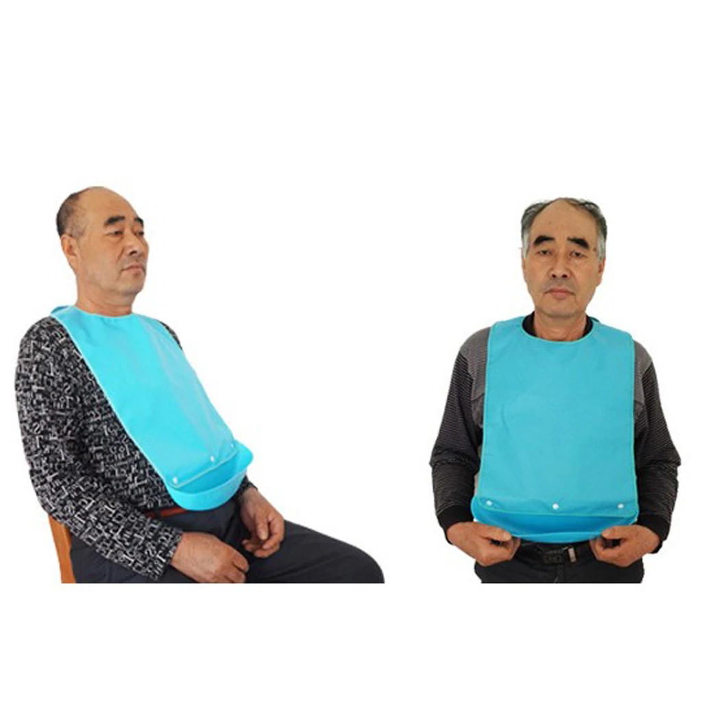 Meals Bib Protector Elderly Aid Apron + Detachable PE Pocket Blue - Reusable, Washable, Anti-oil, Anti-fouling, Easy to Clean