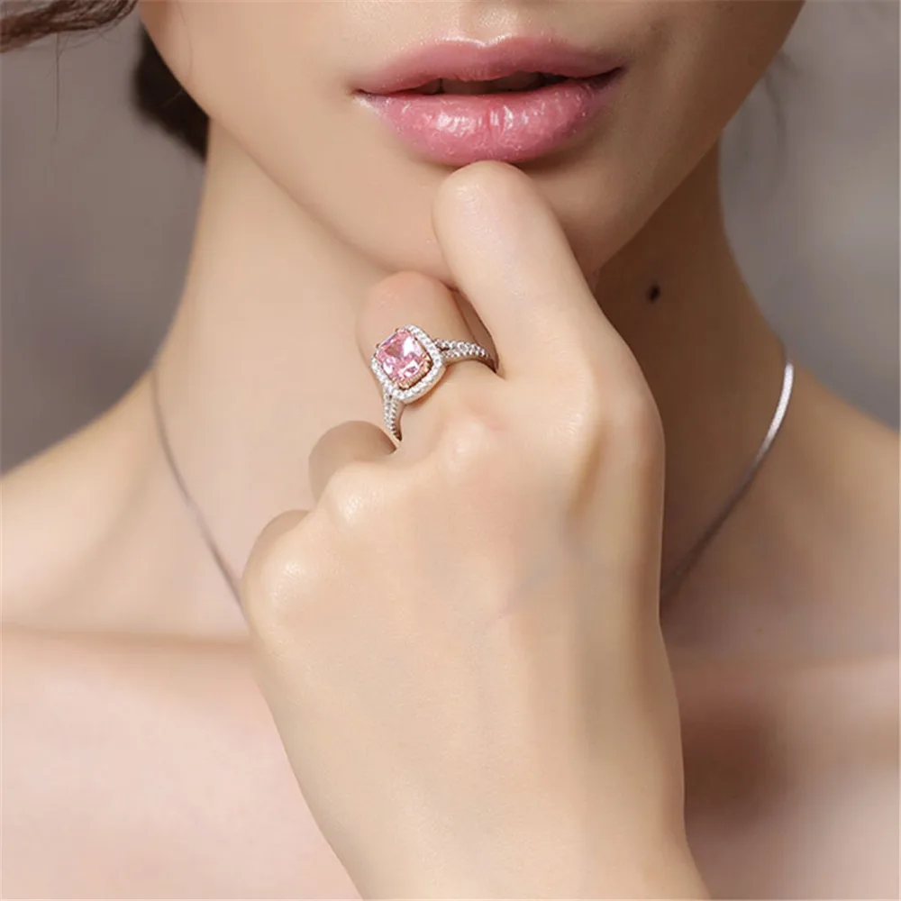 Top Quality Silver Jewelry Sets Pink Quartz Cubic Zircon Ring Earrings Necklace Wedding Exquisite Jewelry Wholesale FCGJHW 5