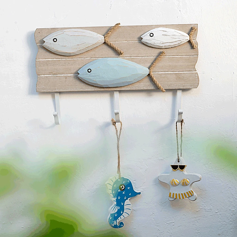

Home Organizer Hanger Key Rack Wood Decoration DIY With 3 Hooks Towel Hat Bag Wall Mount Coat Fish Bone