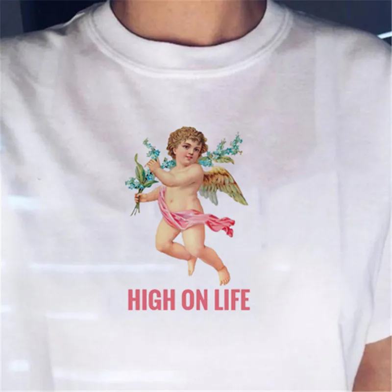 

Fashion T Shirt Women Kawaii Print Three Angels Harajuku Casual Fun Tops Cartoon Letter Print Tee