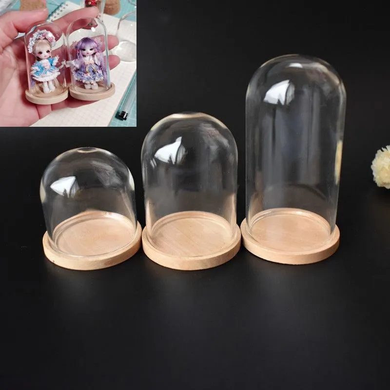 4'' Small Glass Display Dome Hemisphere Cabochon Wood Cork Bell Jar Cover 