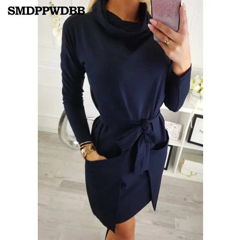 

2020 Spring Autumn Pile Collar Solid Color Women Dress Belt Pocket Casual Loose Dresses Long Sleeve Turtleneck Short Dress
