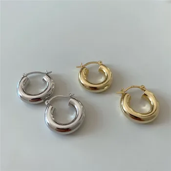 

POFUNUO 925 Sterling Silver Women French Style Cold Wind Earrings Female C Shaped Punk Hyperbole 18K Gold Bathed Niche Earrings