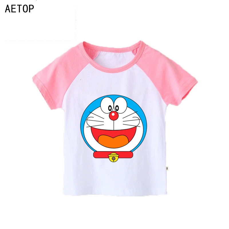 Футболка с короткими рукавами для мальчиков и девочек с принтом «Doraemon» детские топы с круглым вырезом, Детская футболка с рисунком одежда для малышей