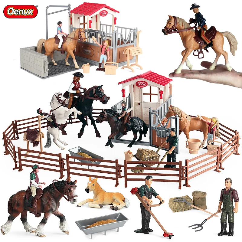 Oenux Farm Stable Model Brinquedo Simulation Horseman Equestrian Knight Animals Playset Action Figures PVC Kids Desk Toy Gift | Игрушки и